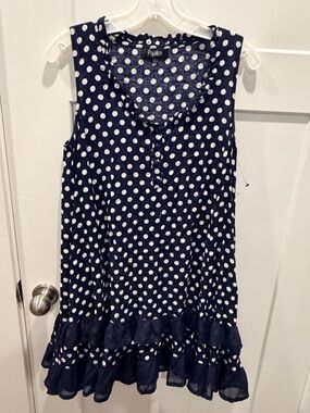 Papillon Polka Dot Blouse Large Navy Sleeveless Ruffle Hem Viscose Top